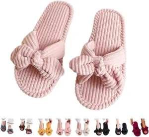 Bow Knot Slippers Women Cute Corduroy Slipper Preppy Kawaii House Slipper Comfy House Slides Open Toe Sandals Bedroom Shoes EVA Sole Cozy Indoor Outdoor Home Slipper