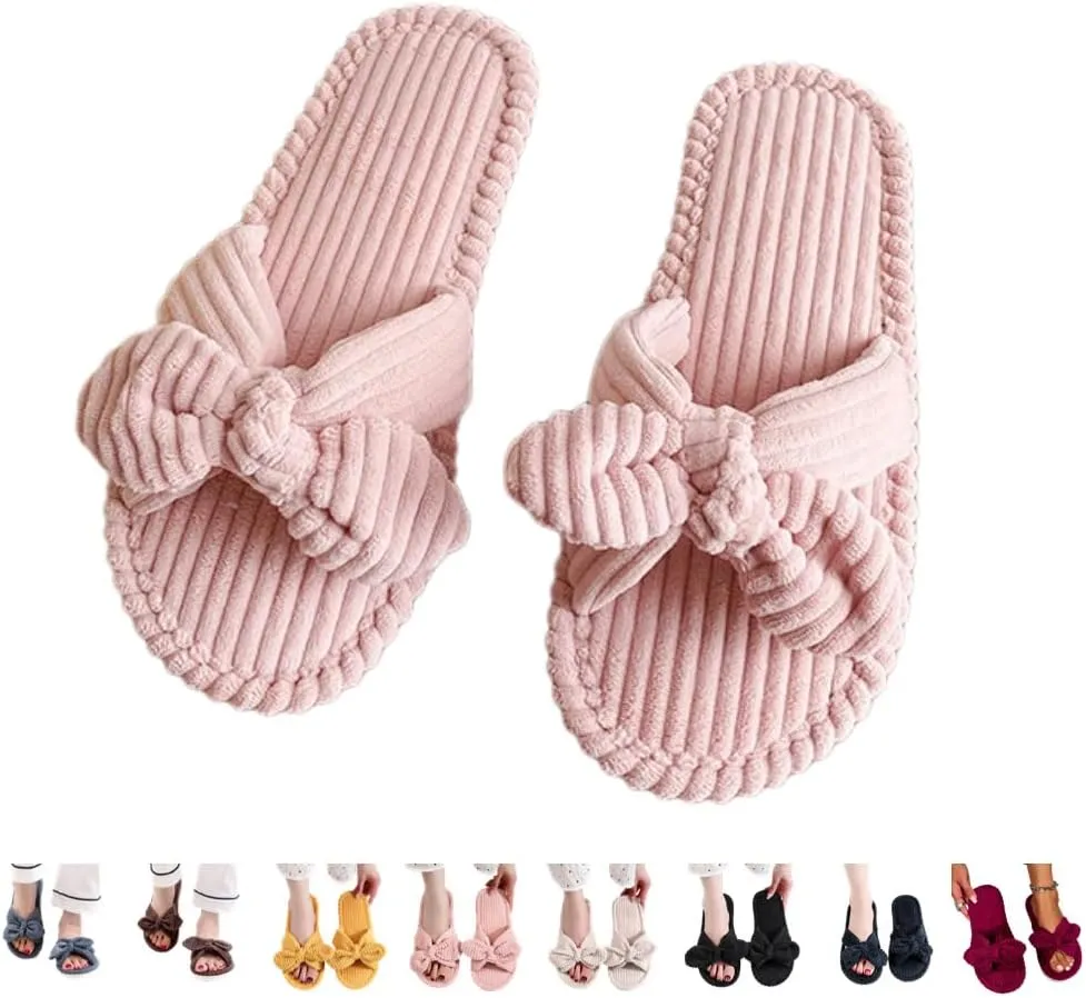 Bow Knot Slippers Women Cute Corduroy Slipper Preppy Kawaii House Slipper Comfy House Slides Open Toe Sandals Bedroom Shoes EVA Sole Cozy Indoor Outdoor Home Slipper