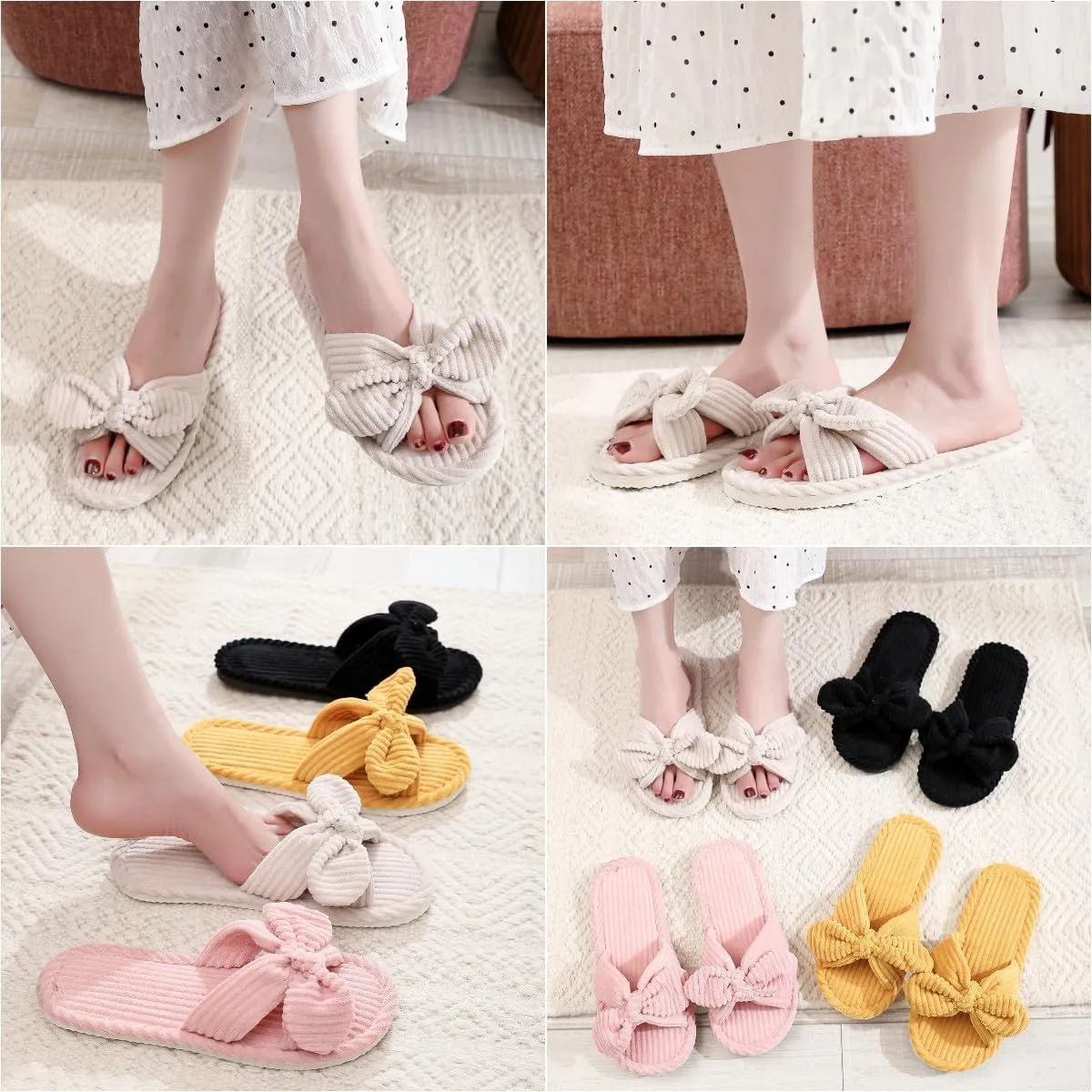 Bow Knot Slippers Women Cute Corduroy Slipper Preppy Kawaii House Slipper Comfy House Slides Open Toe Sandals Bedroom Shoes EVA Sole Cozy Indoor Outdoor Home Slipper