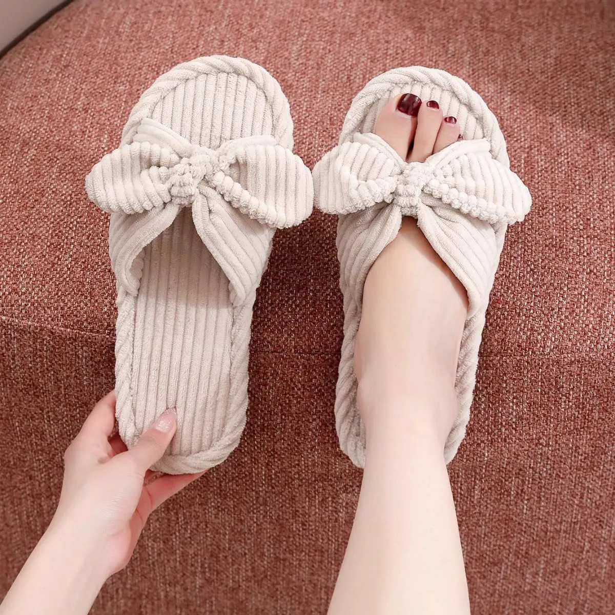 Bow Knot Slippers Women Cute Corduroy Slipper Preppy Kawaii House Slipper Comfy House Slides Open Toe Sandals Bedroom Shoes EVA Sole Cozy Indoor Outdoor Home Slipper