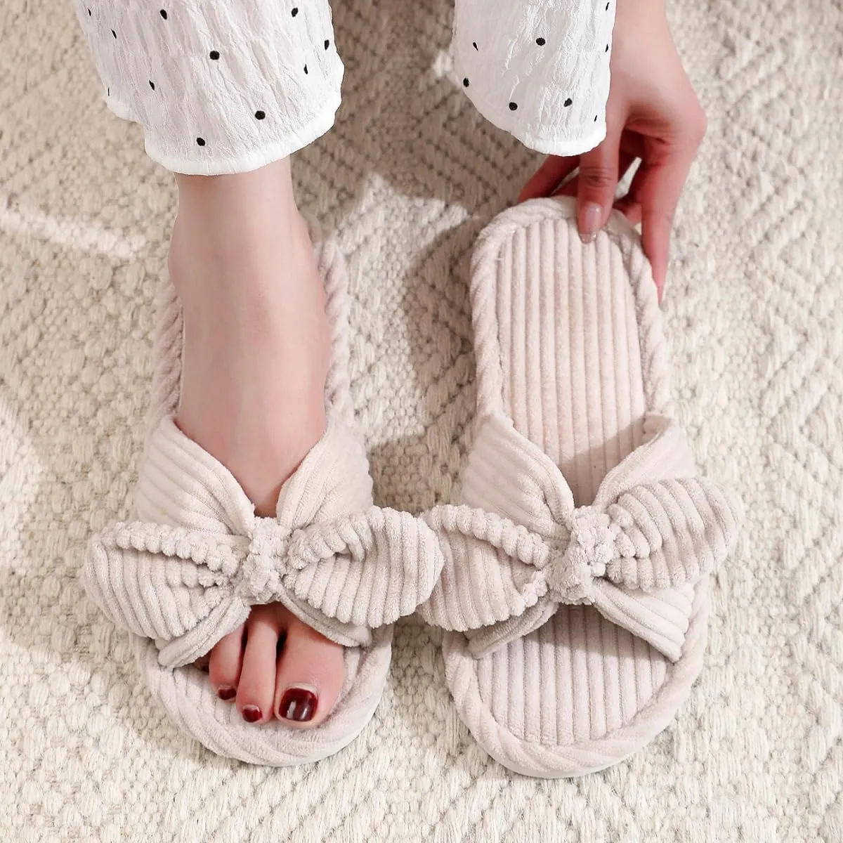Bow Knot Slippers Women Cute Corduroy Slipper Preppy Kawaii House Slipper Comfy House Slides Open Toe Sandals Bedroom Shoes EVA Sole Cozy Indoor Outdoor Home Slipper