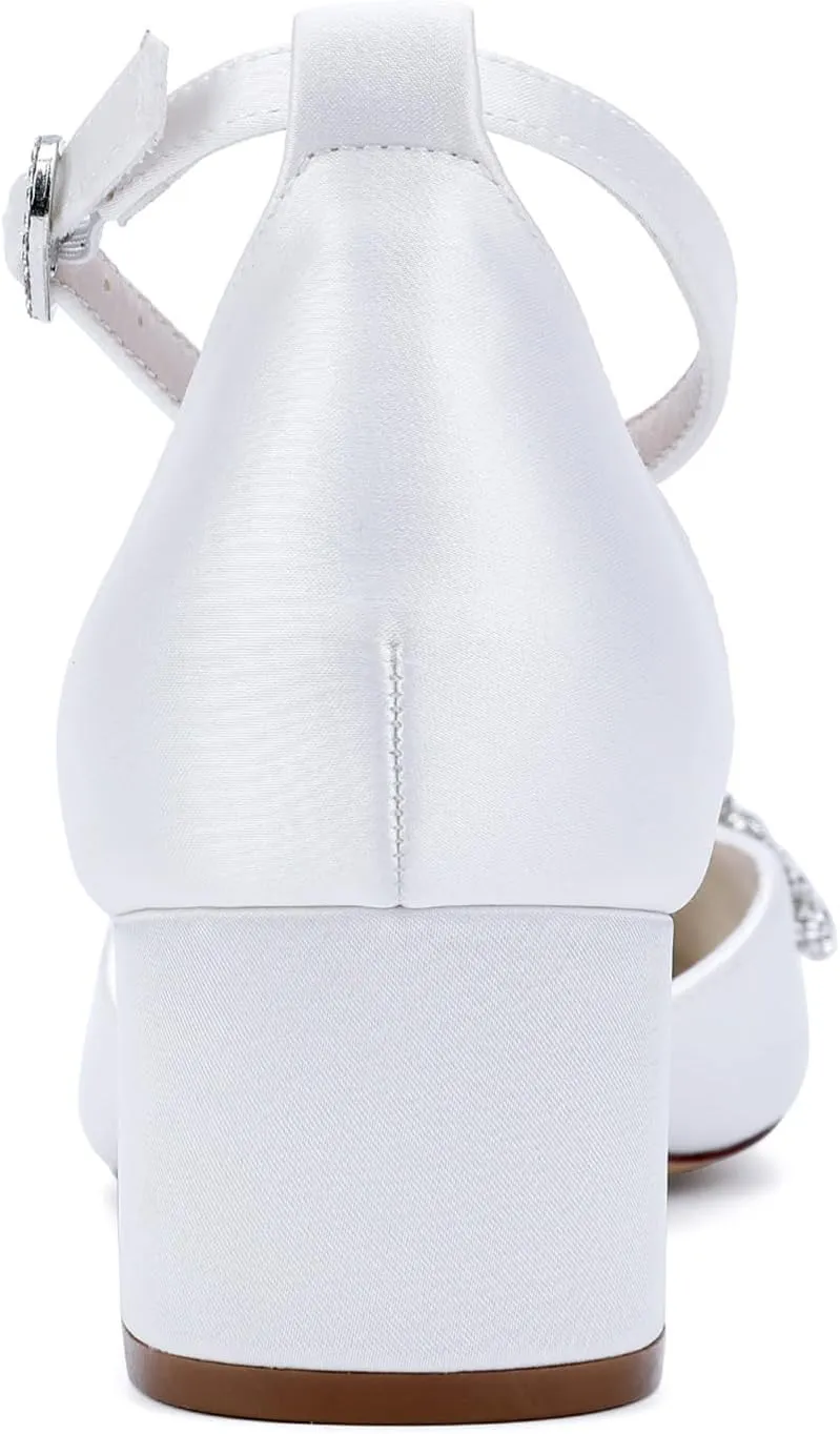 Bridal Shoes Ankle Strap Wedding Sandals Pointy Toe Block Heel Dressy Shoes Pump Heels for Women Closed Toe Elegant Bride Heel Beach