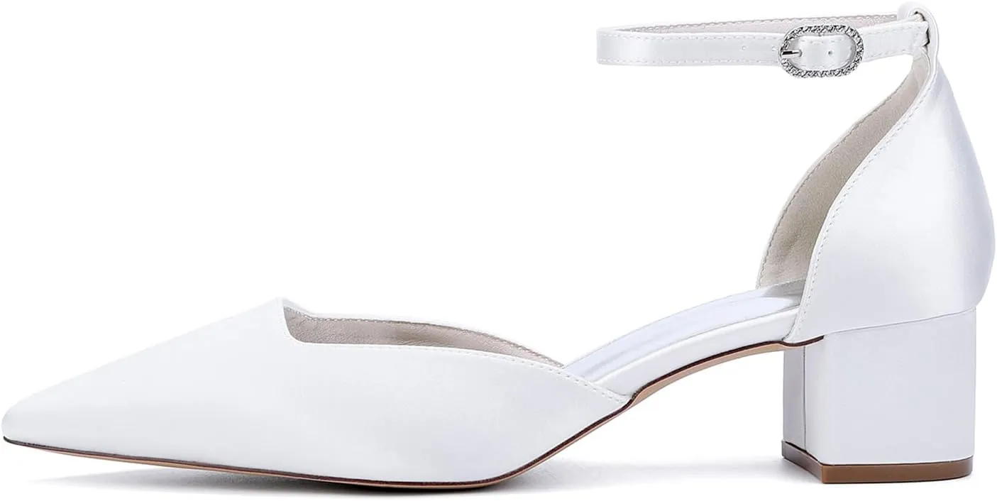Bridal Shoes Ankle Strap Wedding Sandals Pointy Toe Block Heel Dressy Shoes Pump Heels for Women Closed Toe Elegant Bride Heel Beach