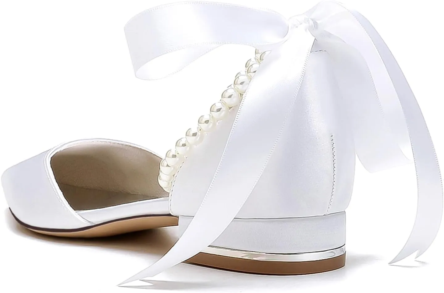 Bridal Shoes with Bow, Strappy Sandals for Women Pearls Satin Pointed Toe Women's Buckle Strap Low Block Heel Pumps Dress Shoes
