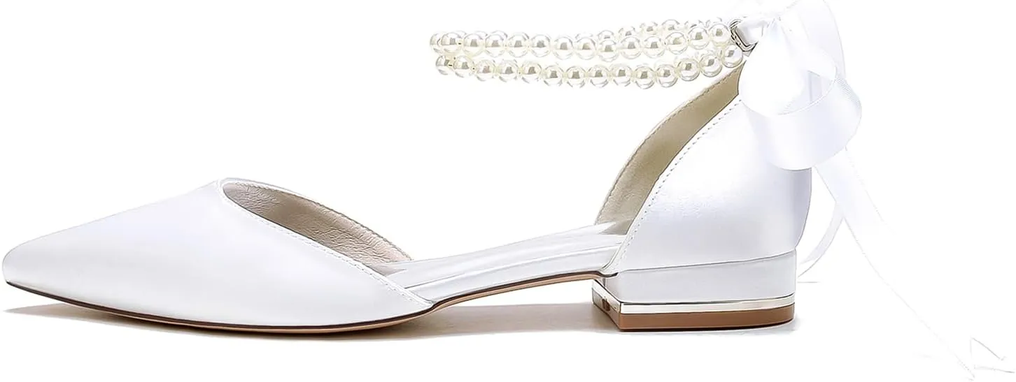 Bridal Shoes with Bow, Strappy Sandals for Women Pearls Satin Pointed Toe Women's Buckle Strap Low Block Heel Pumps Dress Shoes