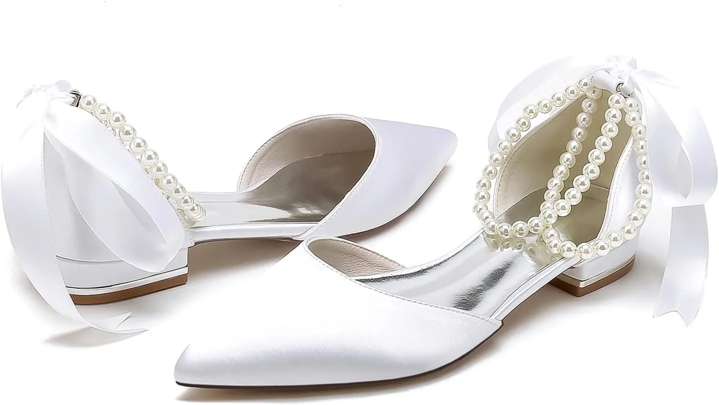 Bridal Shoes with Bow, Strappy Sandals for Women Pearls Satin Pointed Toe Women's Buckle Strap Low Block Heel Pumps Dress Shoes