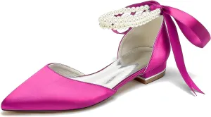 Bridal Shoes with Bow, Strappy Sandals for Women Pearls Satin Pointed Toe Women's Buckle Strap Low Block Heel Pumps Dress Shoes