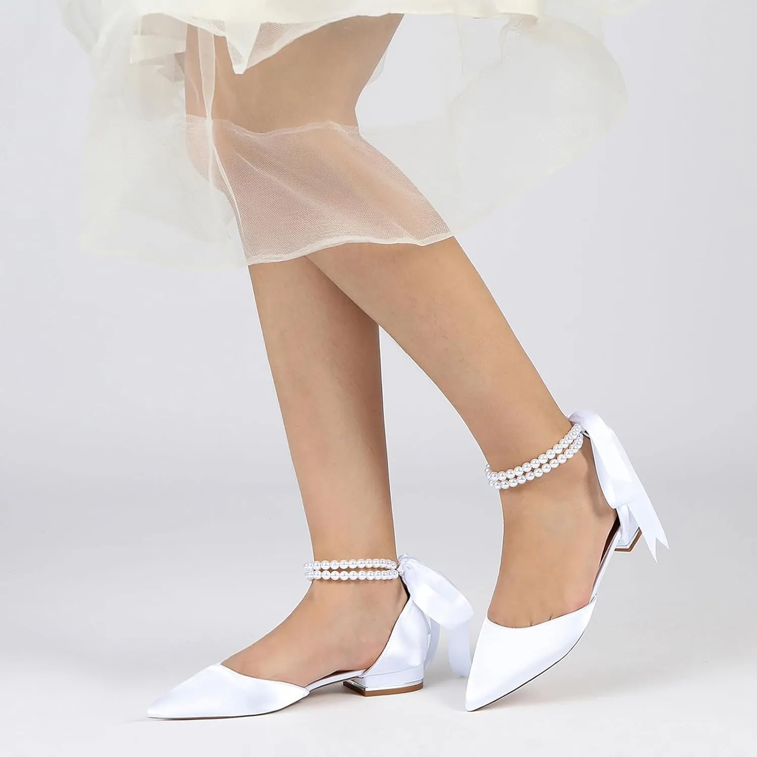 Bridal Shoes with Bow, Strappy Sandals for Women Pearls Satin Pointed Toe Women's Buckle Strap Low Block Heel Pumps Dress Shoes