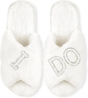 Bride Slippers for Wedding Day - White Bridal Shoes - 'I Do' Wedding Slippers for Brides