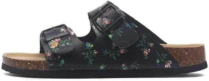 Buckle flat cork slippers summer men's and women's beach line button increase outdoor leisure slippers (Black Rose, Adult, Women, 8, Numeric Range, US Footwear Size System, 10, Medium)