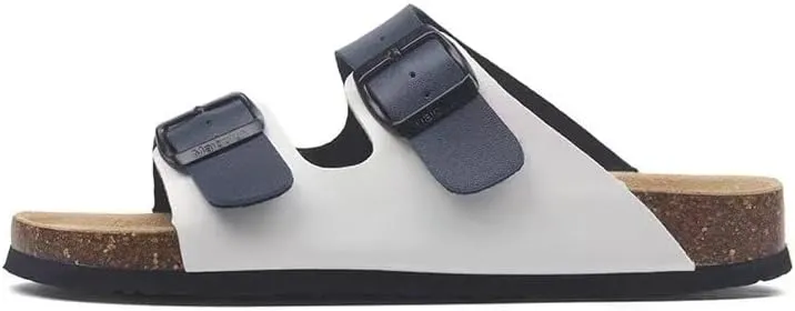 Buckle flat cork slippers summer men's and women's beach line button increase outdoor leisure slippers (Blue-White, Adult, Women, 4.5, Numeric Range, US Footwear Size System, 9, Medium)