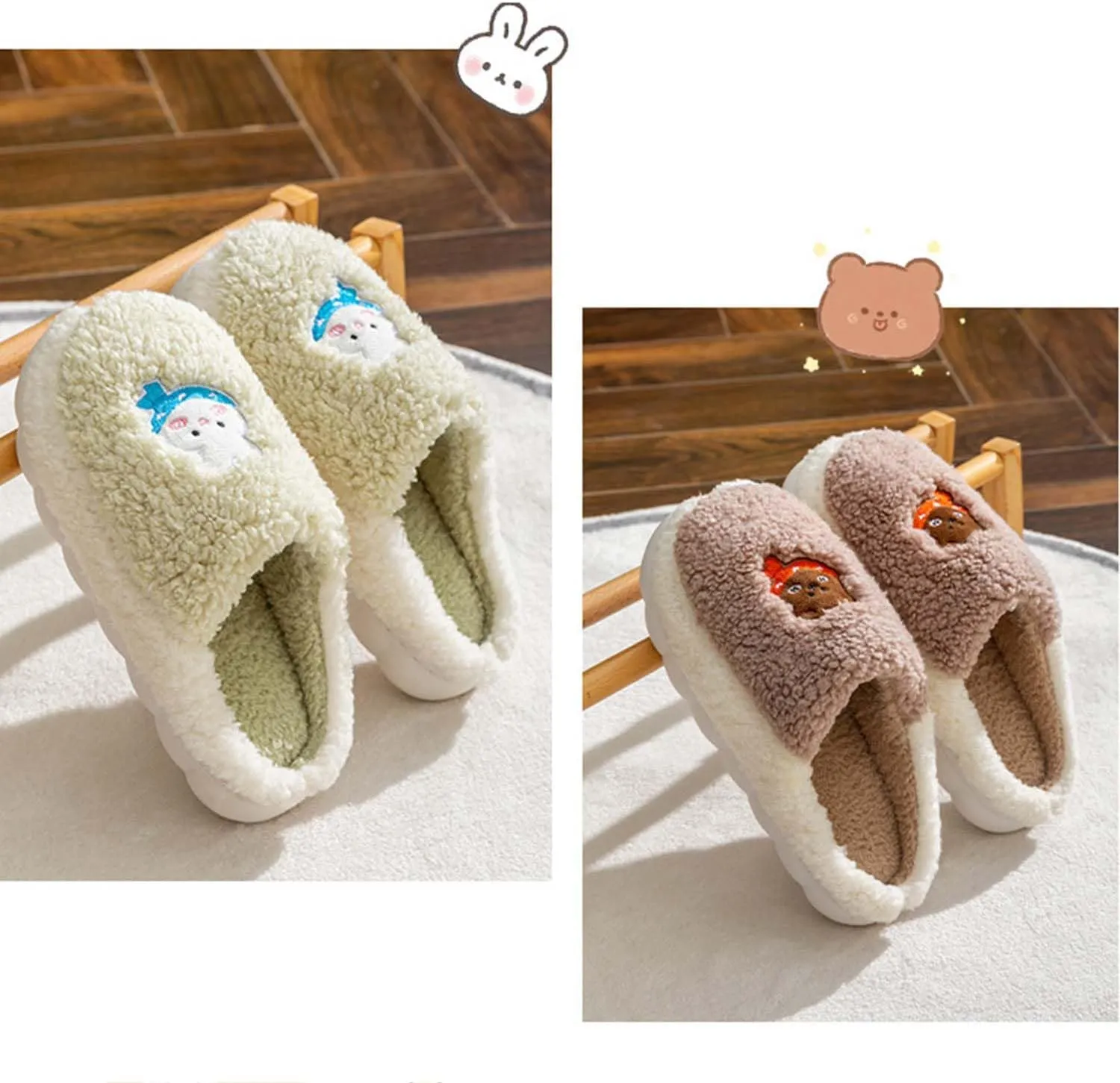 Cartoon Rabbit Slippers for Kids Girls Women Cute Fluffy Memory Foam House Slippers Warm Plush Bedroom Anti-Slip Animal House Shoes