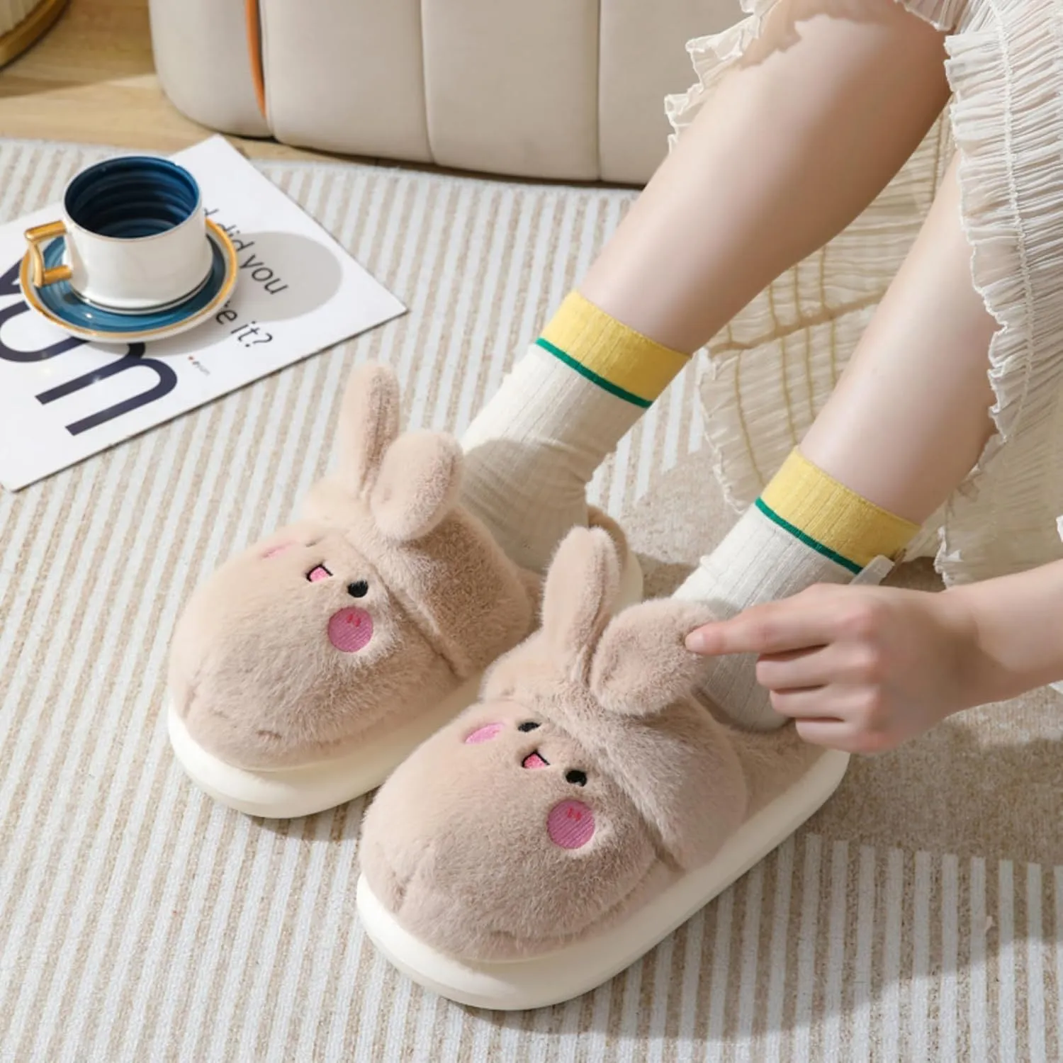 Cartoon Women's Rabbit Slippers - Winter Cute Cotton Warm Home Shoes - Comfortable and Fluffy Animal Slippers
