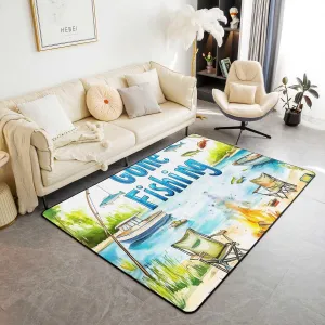 Castle Fairy Lakeside Fishing Area Rug for Kids Teens Adult,Outdoor Camping Adventure Non-Slip Backing Washable Rugs for Bedside,Kids Boys Coastal Boat No Shedding Area Rugs(5x6'6''x0.39'')