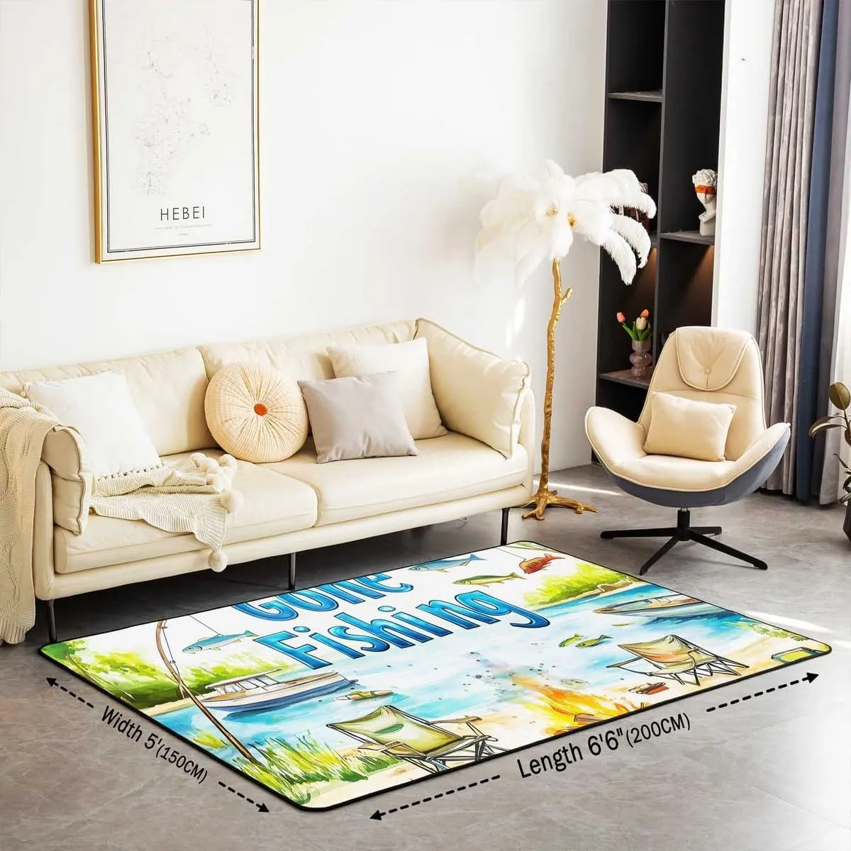 Castle Fairy Lakeside Fishing Area Rug for Kids Teens Adult,Outdoor Camping Adventure Non-Slip Backing Washable Rugs for Bedside,Kids Boys Coastal Boat No Shedding Area Rugs(5x6'6''x0.39'')