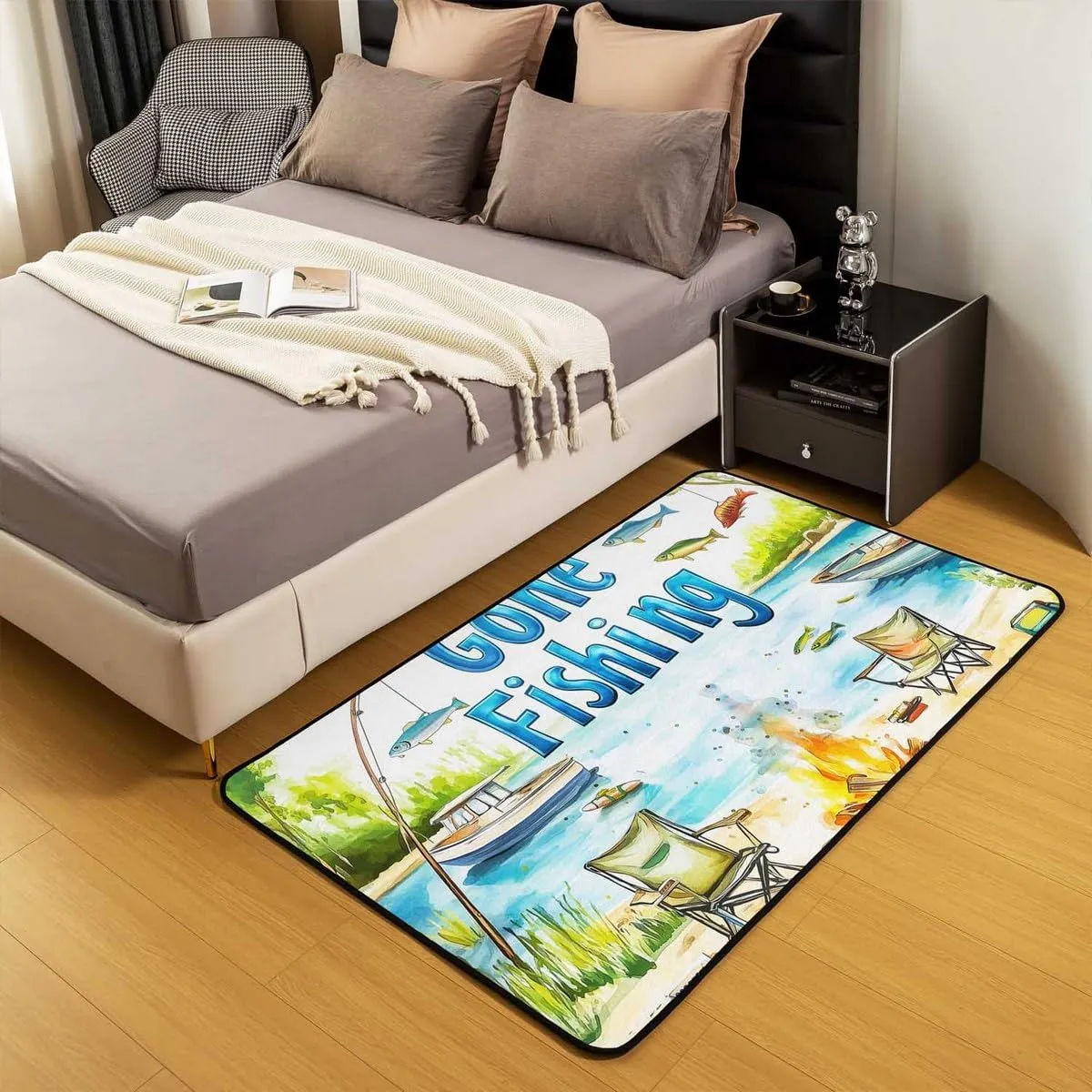 Castle Fairy Lakeside Fishing Area Rug for Kids Teens Adult,Outdoor Camping Adventure Non-Slip Backing Washable Rugs for Bedside,Kids Boys Coastal Boat No Shedding Area Rugs(5x6'6''x0.39'')