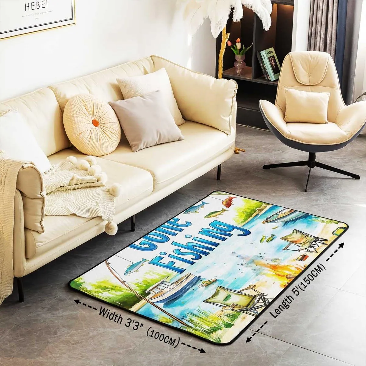 Castle Fairy Lakeside Fishing Area Rug for Kids Teens Adult,Outdoor Camping Adventure Non-Slip Backing Washable Rugs for Bedside,Kids Boys Coastal Boat No Shedding Area Rugs(5x6'6''x0.39'')