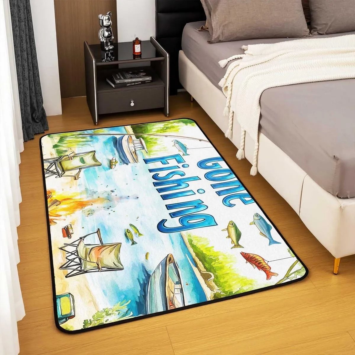 Castle Fairy Lakeside Fishing Area Rug for Kids Teens Adult,Outdoor Camping Adventure Non-Slip Backing Washable Rugs for Bedside,Kids Boys Coastal Boat No Shedding Area Rugs(5x6'6''x0.39'')