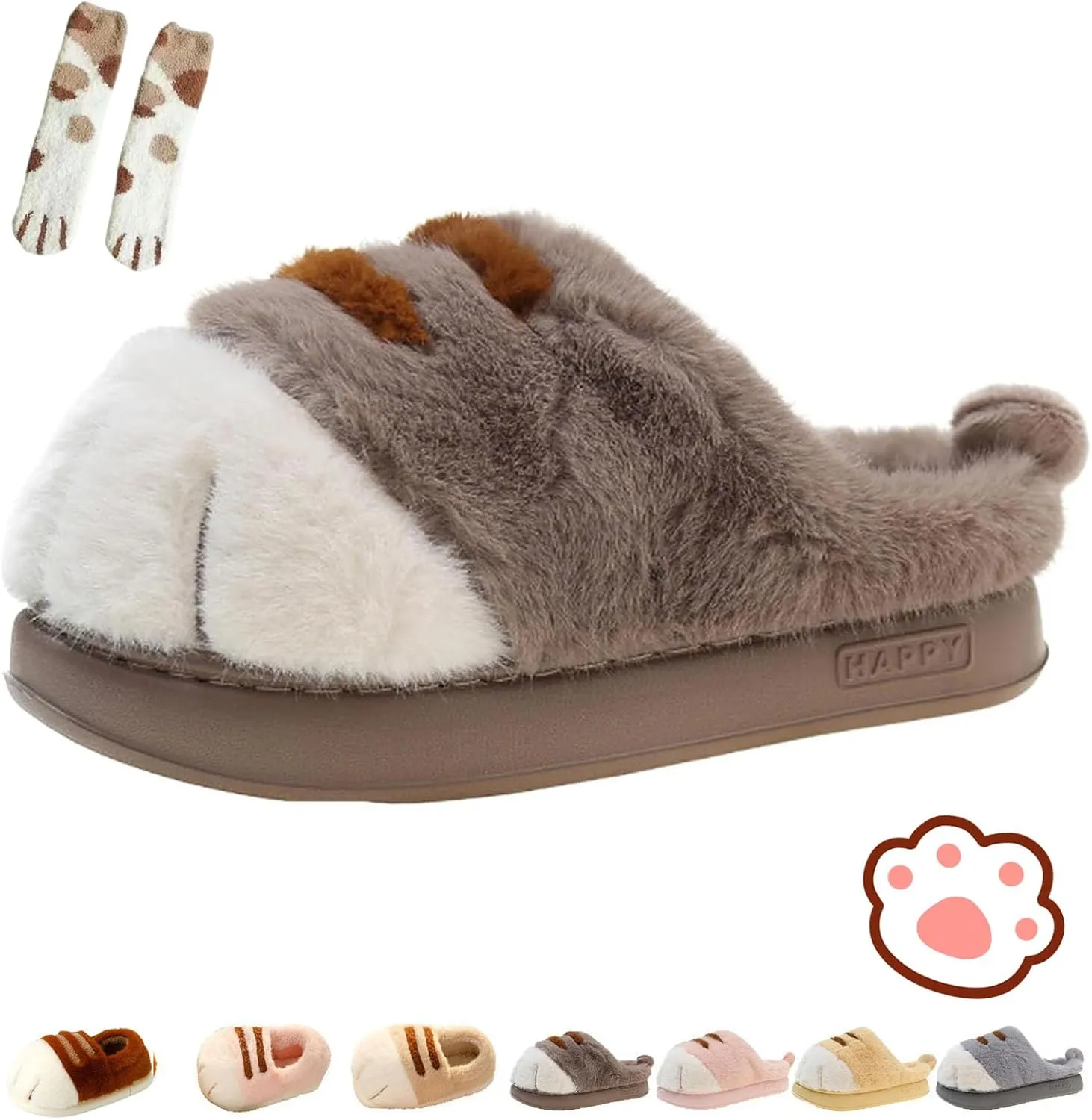 Cat Paw Slippers, 3D Cartoon Slipper for Women, Warm Fluffy Furry Winter House Slides for Indoor Outdoor