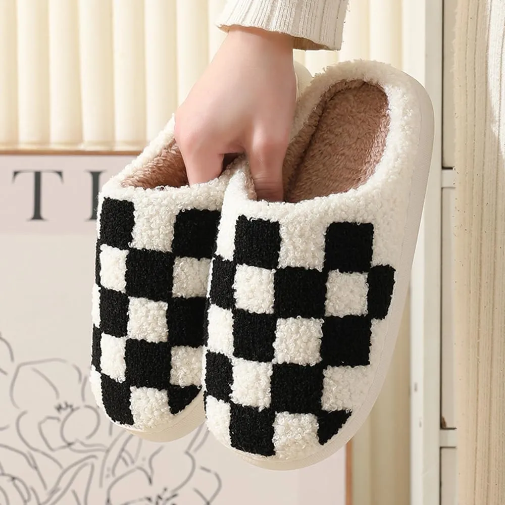 Checkered Slippers for Women Men, Cozy Plush Warm Slip-on Plaid House Slippers for Indoor and Outdoor Bedroom House Shoes with Faux Fur Lining