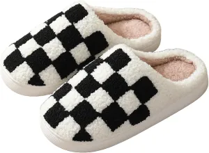 Checkered Slippers for Women Men, Cozy Plush Warm Slip-on Plaid House Slippers for Indoor and Outdoor Bedroom House Shoes with Faux Fur Lining