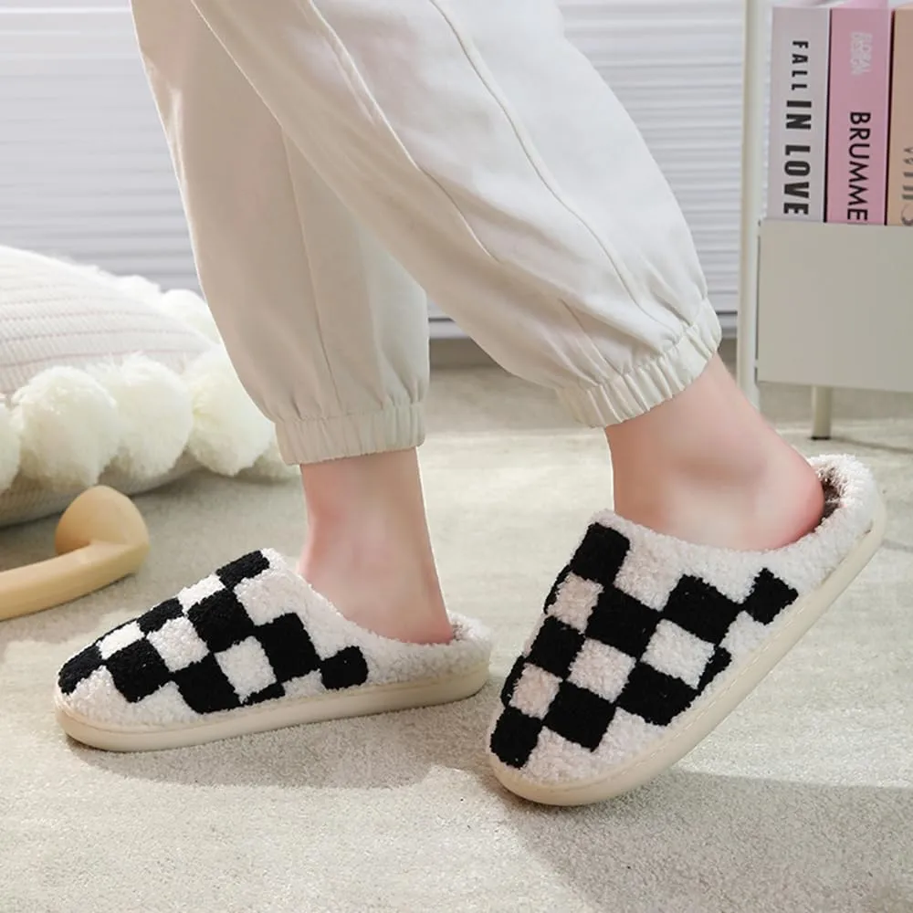 Checkered Slippers for Women Men, Cozy Plush Warm Slip-on Plaid House Slippers for Indoor and Outdoor Bedroom House Shoes with Faux Fur Lining