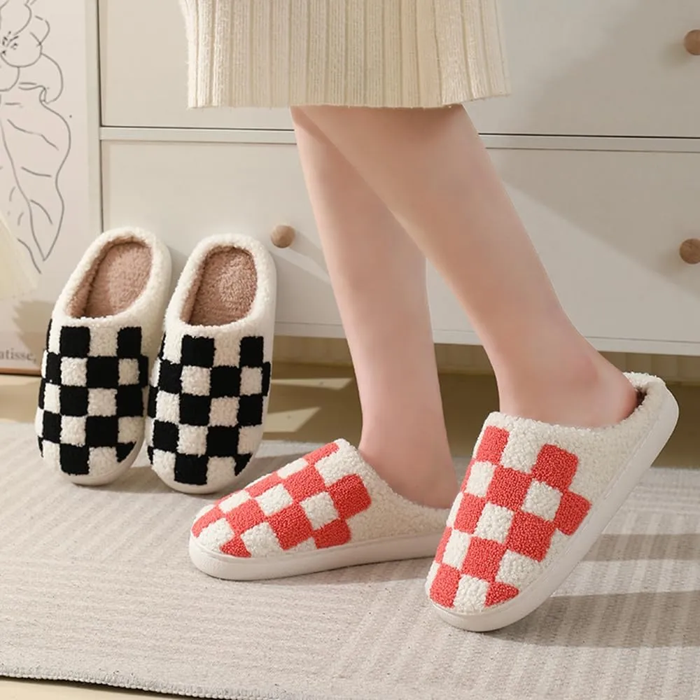 Checkered Slippers for Women Men, Cozy Plush Warm Slip-on Plaid House Slippers for Indoor and Outdoor Bedroom House Shoes with Faux Fur Lining
