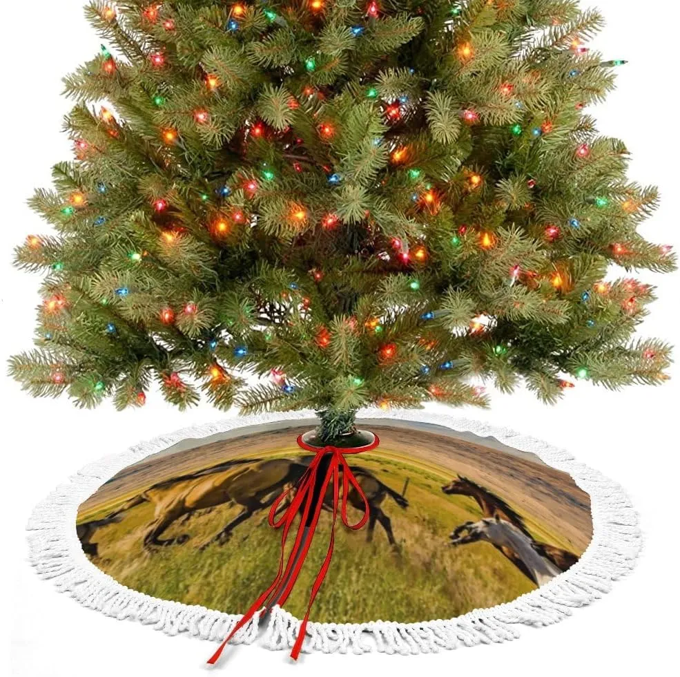 Christmas Tree Skirt Fringed Lace Horse Running Grassland Blue Sky Xmas Tree Skirt Christmas Tree Wrap Around Base Cover for New Year Holiday Party Decorations Farmhouse 36Inch
