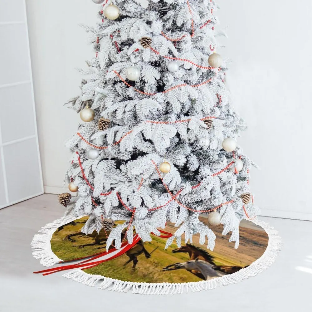 Christmas Tree Skirt Fringed Lace Horse Running Grassland Blue Sky Xmas Tree Skirt Christmas Tree Wrap Around Base Cover for New Year Holiday Party Decorations Farmhouse 36Inch