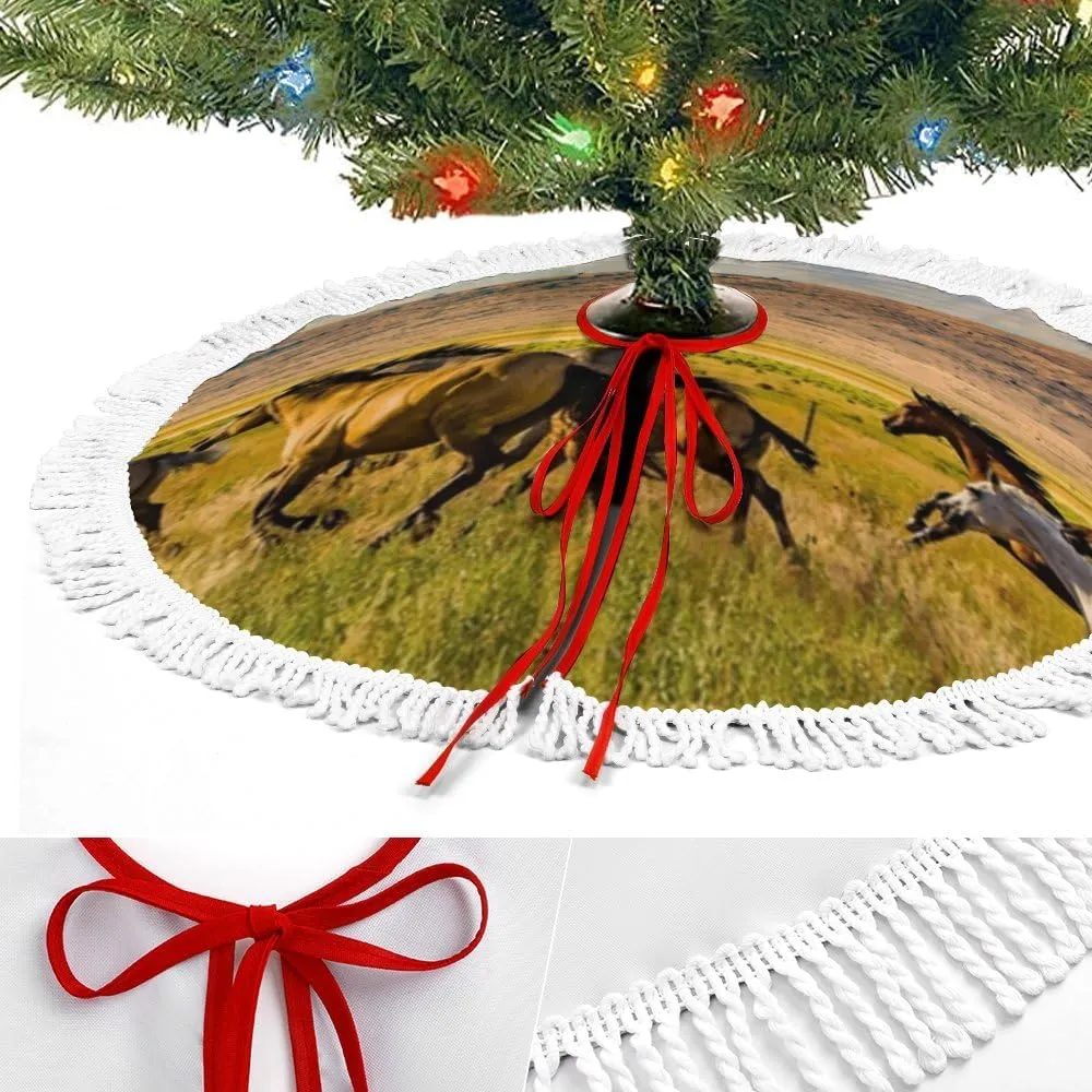 Christmas Tree Skirt Fringed Lace Horse Running Grassland Blue Sky Xmas Tree Skirt Christmas Tree Wrap Around Base Cover for New Year Holiday Party Decorations Farmhouse 36Inch