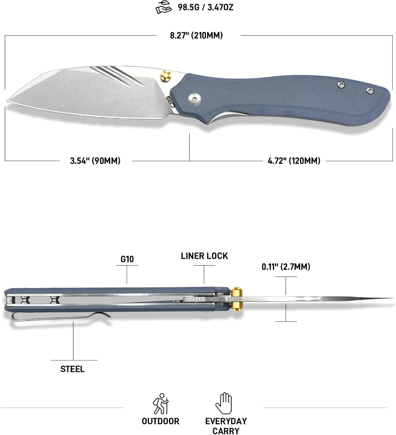 CJRB Fugly Folding Knife, 3.54'' AR-RPM9 Steel Blade G10 Handle Pocket Knife for Men Women, Sharp EDC Knives for Camping Hiking Survival, Designed by Jake Diaz(J1957 Gray)