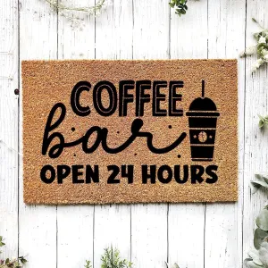 Coir Door Mat with Non-Slip Backing Coffee Bar Open 24 Hours 16x24 Inch Home Family Front Welcome Beautiful Color and Large Size for Entry Farmhouse Back Decor