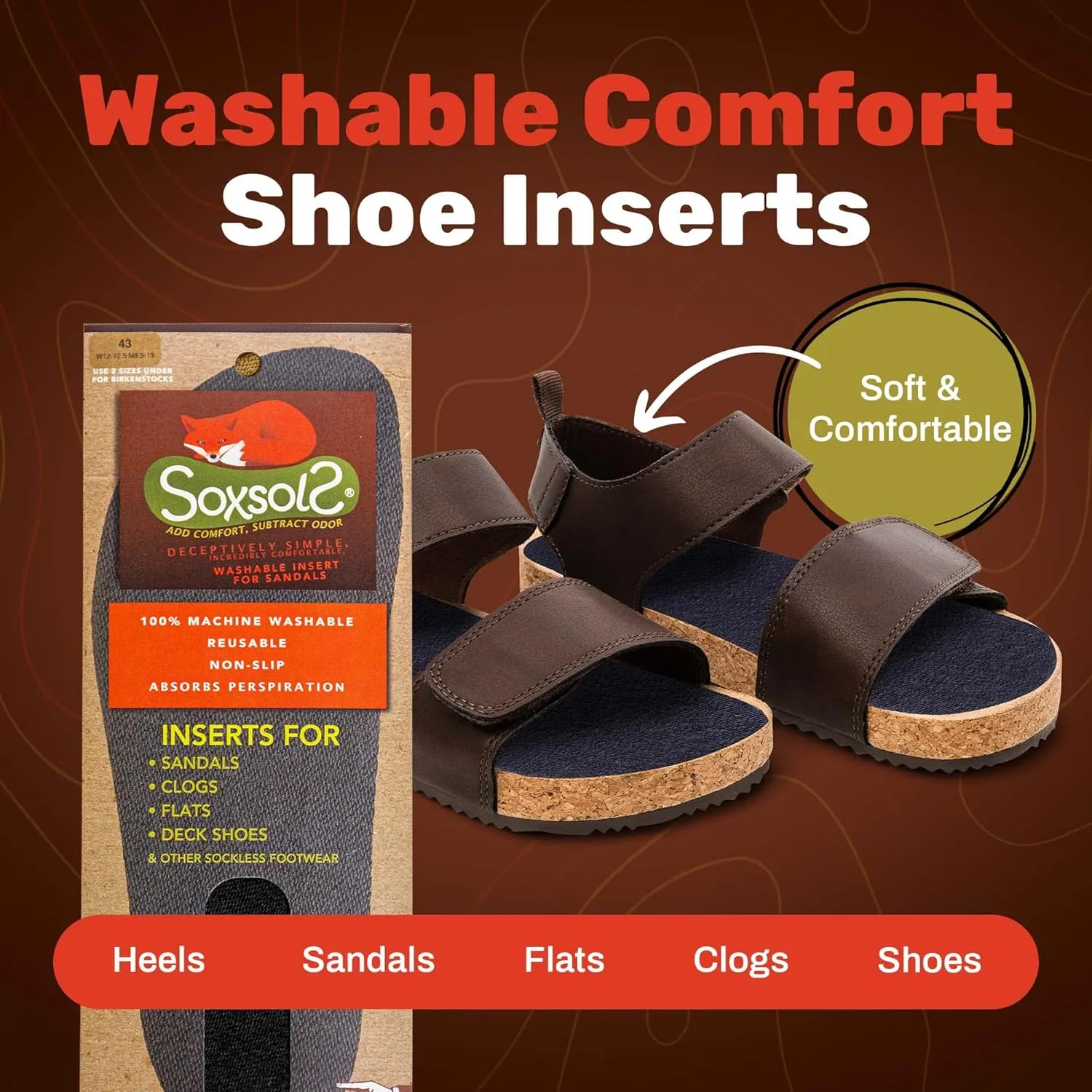 Cotton Flat Shoe Insert for Sandals & Sockless Shoes, Comfortable Shoe Insoles with Sweat-Absorbent Natural Fiber & Non-Slip Silicone Grip, Narrow-Cut Shoe Inserts for Women, Black, Size 38 - SoxsolS