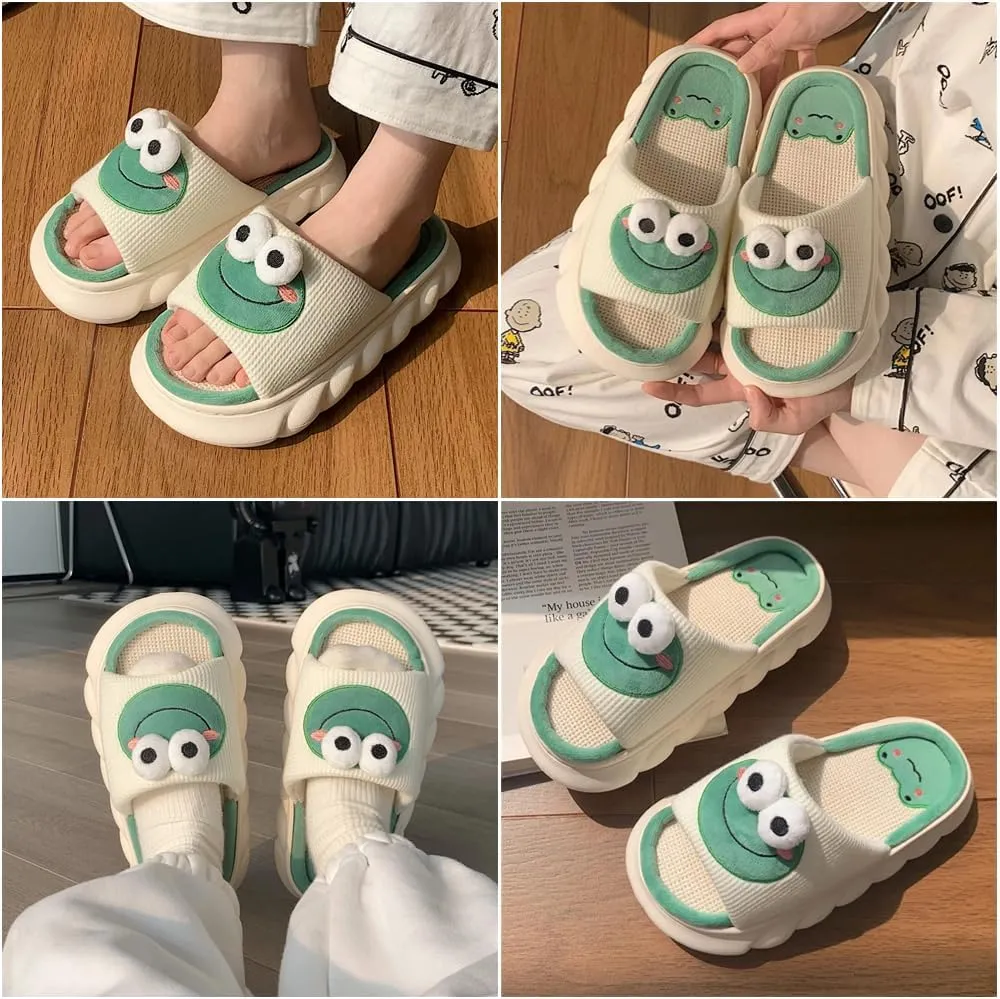 Cute Frog Slippers Women Men Preppy Slipper Kawaii Animal Slipper Cartoon Linen Slipper Comfy Bedroom Slides Sandals House Slipper Indoor Outdoor Home Slipper Creative Gifts