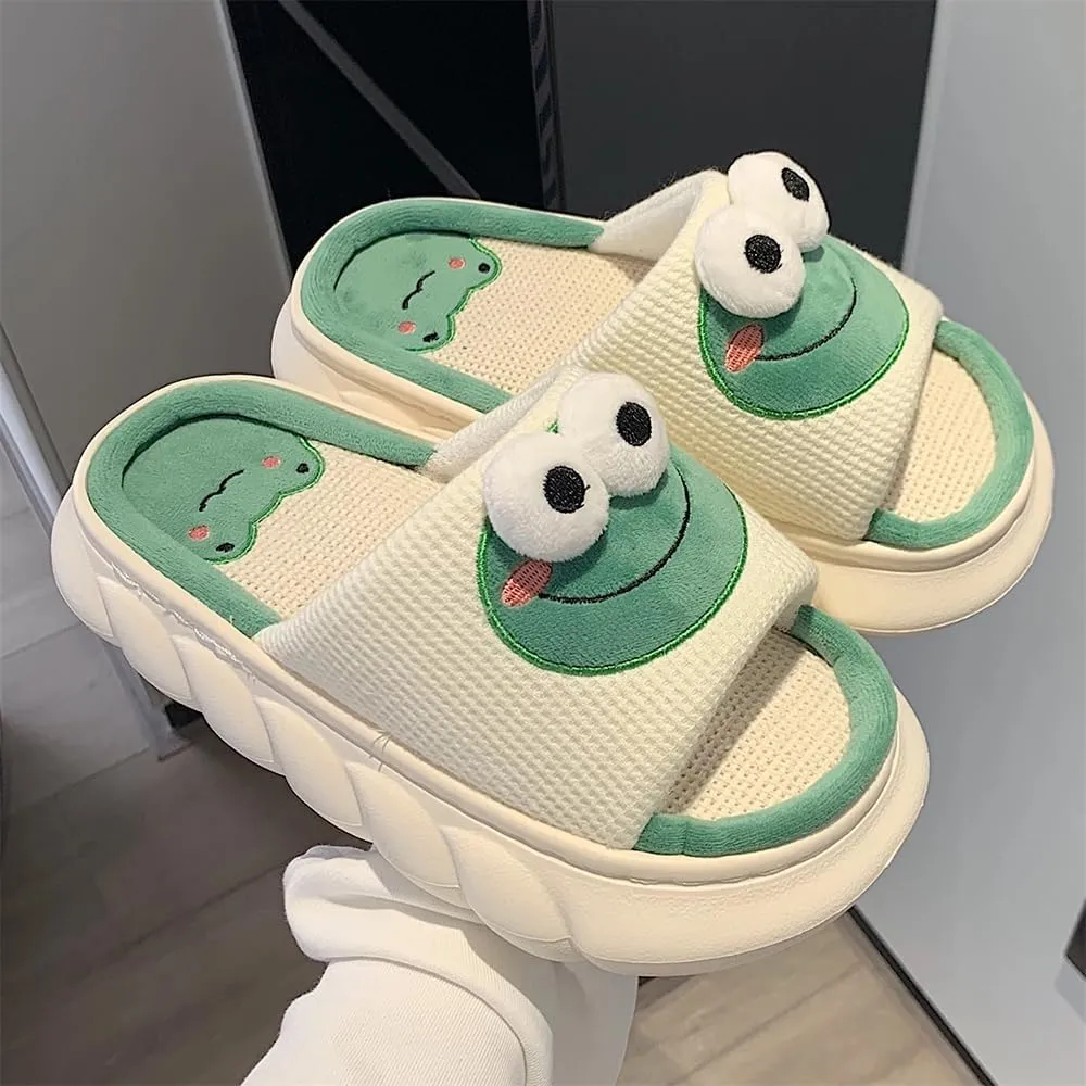 Cute Frog Slippers Women Men Preppy Slipper Kawaii Animal Slipper Cartoon Linen Slipper Comfy Bedroom Slides Sandals House Slipper Indoor Outdoor Home Slipper Creative Gifts