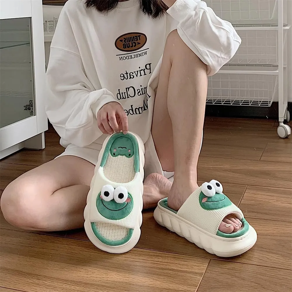 Cute Frog Slippers Women Men Preppy Slipper Kawaii Animal Slipper Cartoon Linen Slipper Comfy Bedroom Slides Sandals House Slipper Indoor Outdoor Home Slipper Creative Gifts