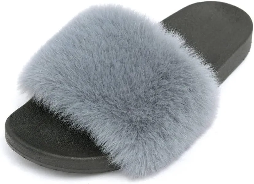 Dayiss Women's Fur Fluffy Slides Womens Furry Slippers Open Toe Indoor Outdoor House Casual Flat Shoes Summer Sandals Fuzzy Slides