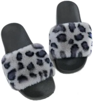 Dayiss Women's Fur Fluffy Slides Womens Furry Slippers Open Toe Indoor Outdoor House Casual Flat Shoes Summer Sandals Fuzzy Slides