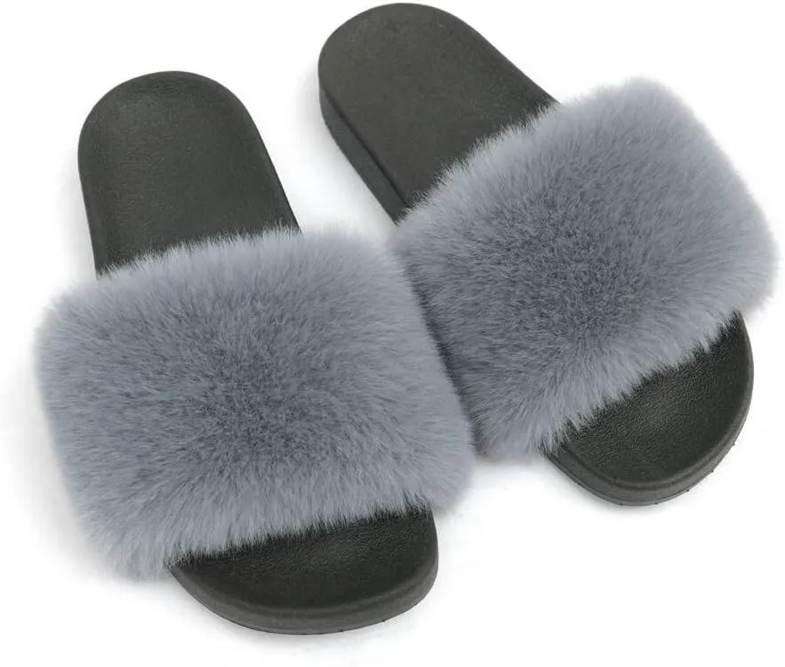 Dayiss Women's Fur Fluffy Slides Womens Furry Slippers Open Toe Indoor Outdoor House Casual Flat Shoes Summer Sandals Fuzzy Slides