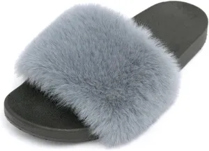 Dayiss Women's Fur Fluffy Slides Womens Furry Slippers Open Toe Indoor Outdoor House Casual Flat Shoes Summer Sandals Fuzzy Slides