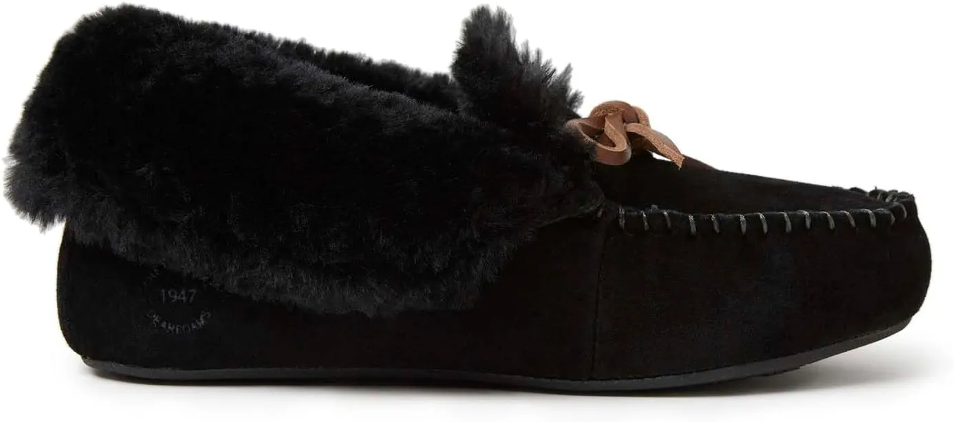 Dearfoams Women's Suede Foldover Bootie Slipper with Tie