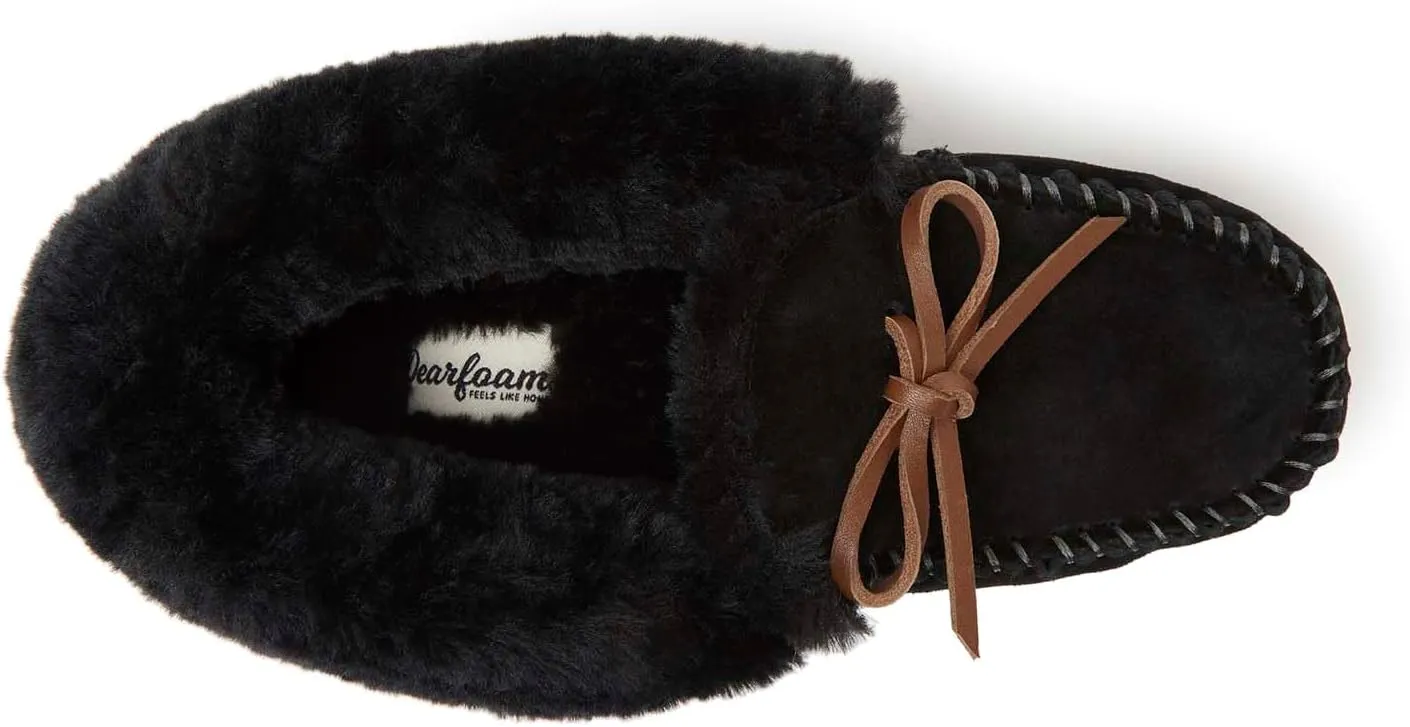 Dearfoams Women's Suede Foldover Bootie Slipper with Tie
