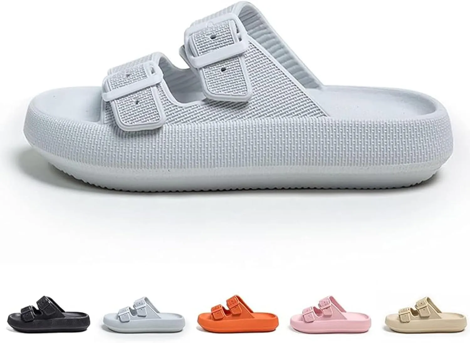 Double Buckle Sandals, EVA Flat Sandals, Lightweight Comfort Slides Double Buckle Slip-on Adjustable, Sandals for Women and Men, Grey