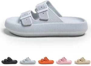 Double Buckle Sandals, EVA Flat Sandals, Lightweight Comfort Slides Double Buckle Slip-on Adjustable, Sandals for Women and Men, Grey