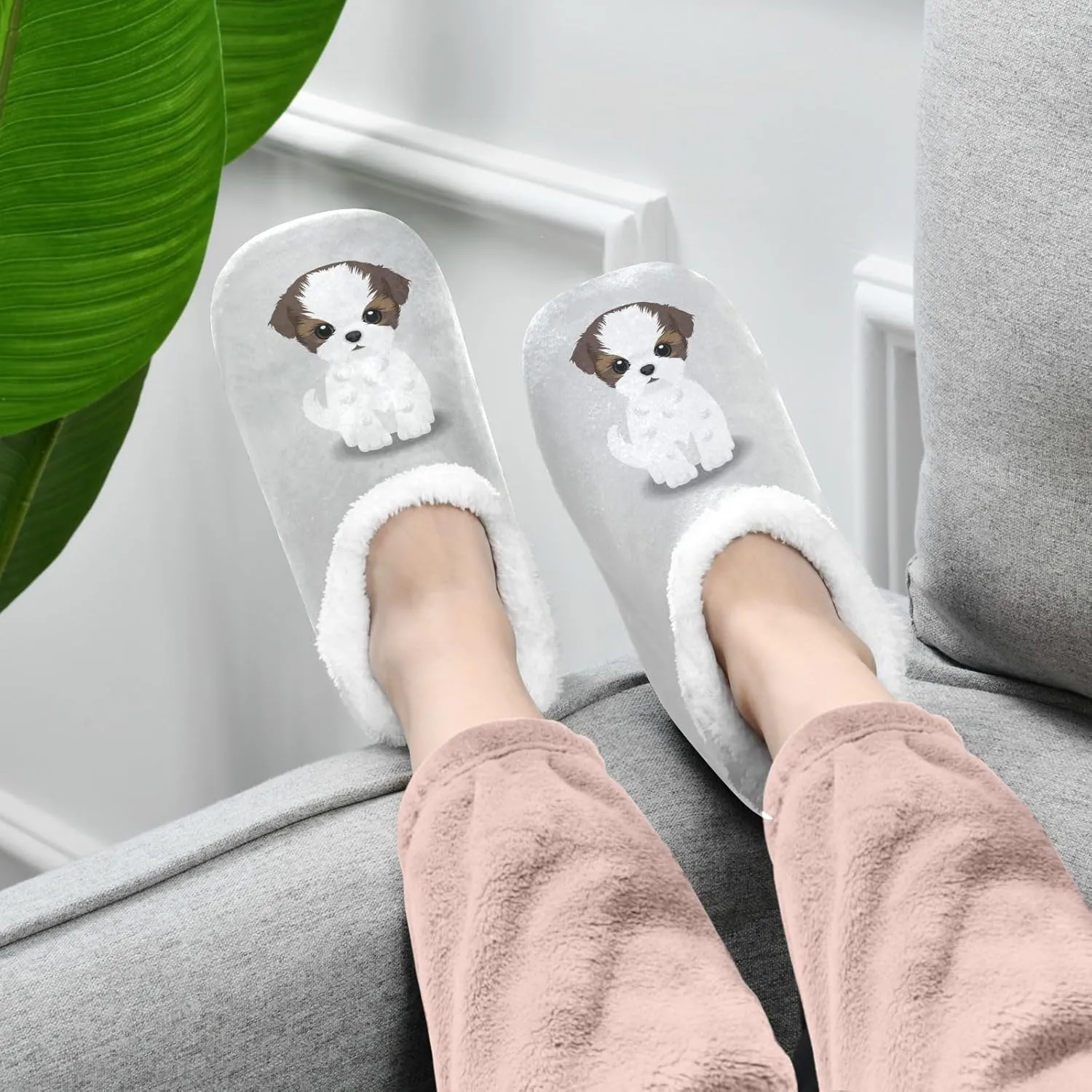 Dussdil Shih Tzu Puppy Dog Home Winter Slippers Spa Travel House Slipper Soft Memory Foam Slipper Non Slip for Women Men Hotel Bedroom Shoes Slippers M