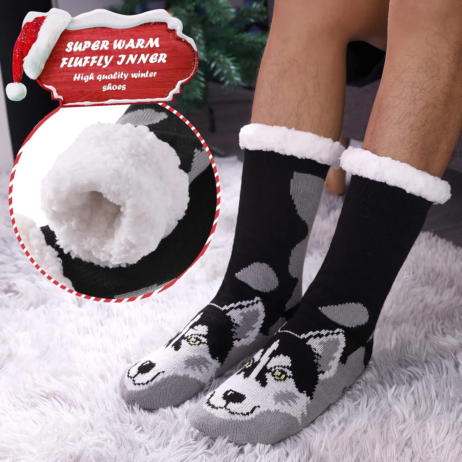 DYW Mens Slipper Socks Animal Fuzzy Non Slip Fluffy Winter Warm Soft Thick Fleece lined Thermal Home Socks