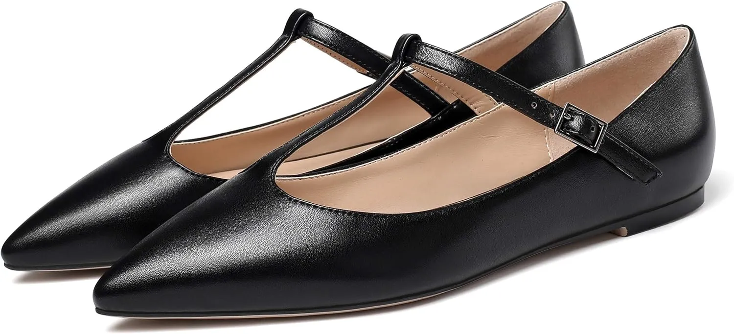 Eldof Women's Pointed Flat Pumps, T-Strap Flat Pumps, Comfortable Flat for The Office Wedding and Dress