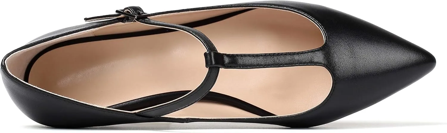 Eldof Women's Pointed Flat Pumps, T-Strap Flat Pumps, Comfortable Flat for The Office Wedding and Dress