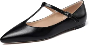 Eldof Women's Pointed Flat Pumps, T-Strap Flat Pumps, Comfortable Flat for The Office Wedding and Dress