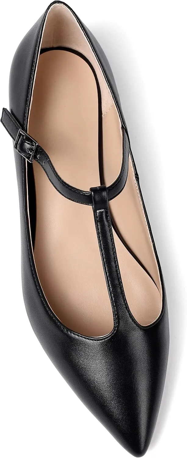 Eldof Women's Pointed Flat Pumps, T-Strap Flat Pumps, Comfortable Flat for The Office Wedding and Dress